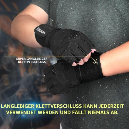 ihuan Ventilated Weight Lifting Gym Workout Gloves with Wrist Wrap Support for Men & Women, Full Palm Protection, for Weightlifting, Training, Fitness, Hanging, Pull ups - color: Black, size: Medium
