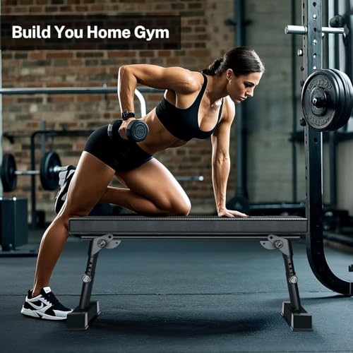 Flat Weight Bench Foldable 1300 LBS Capacity Adjustable Home Gym 5-Level Height Adjustment, 2.5" thick cushion, sturdy T-legs, Commercial-grade Flat Bench, Compact Storage for Home Workouts Man Woman