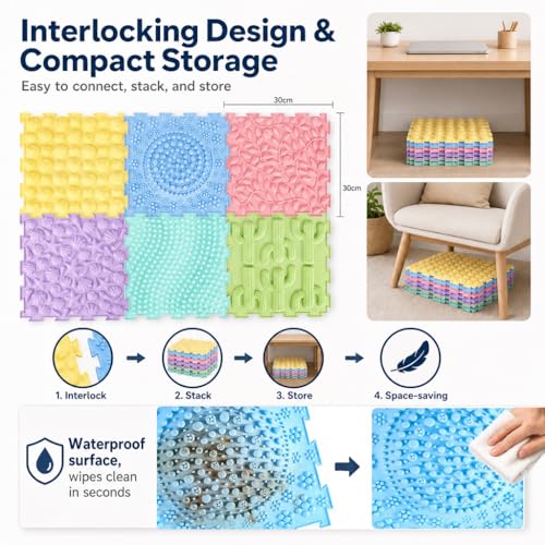 Edusense TPU Sensory Floor Tiles - Textured Puzzle Play Mat for Autistic Kids, Non-Slip Massage Game Mats for Sensory Indoor & Outdoor Use|6 Textures Interlocking Tiles for Sensory Therapy - color: Macaron