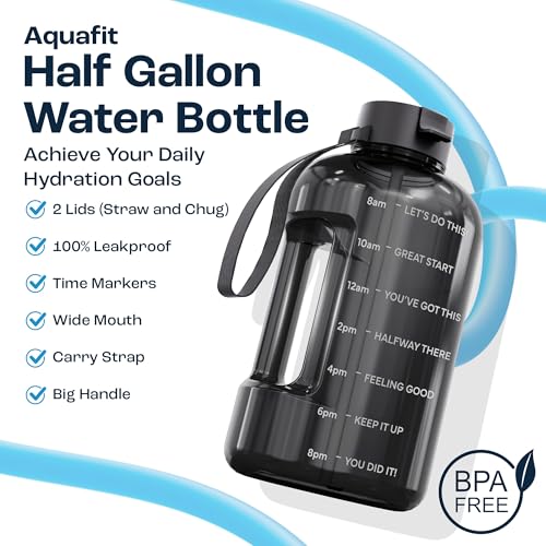 AQUAFIT Half Gallon Water Bottle with Motivational Quotes | BPA Free 64 oz Water Bottle with Straw and Chug Lids - Leakproof Gym Water Bottle with Carry Handle (Blue) - color: Blue, style: 64 oz - 2 Lids