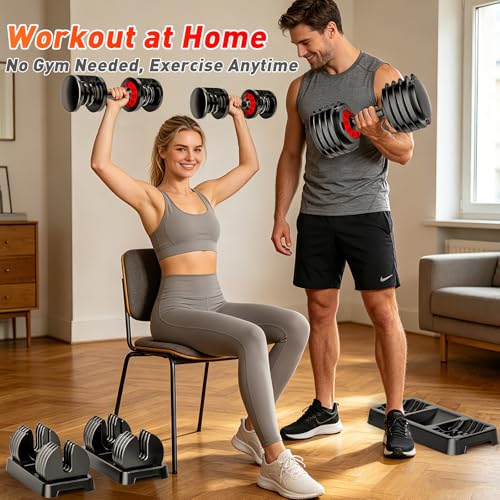 25/55lb Pair Adjustable Dumbbell Set, Adjustable Dumbbells Set of 2, 5 in 1/10 in 1 Free Weights Dumbbells Set with Anti-Slip Texture Handle, Weight Set For Home Gym Suit both Men and Women - color: Red 55LBS Pair