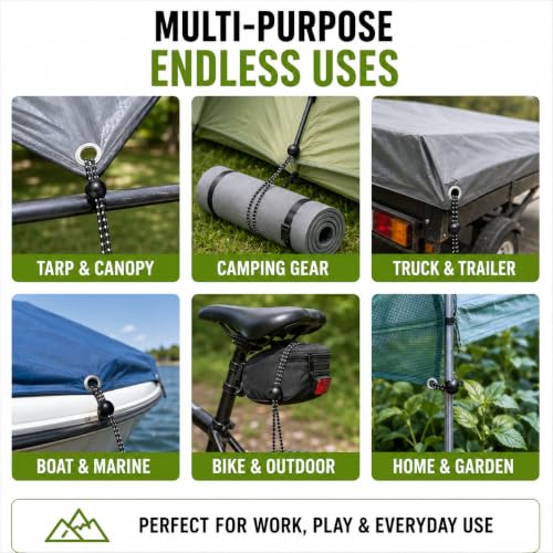 Heavy Duty Ball Bungee Cords 25lbs Breaking Strength, Stretches to 12 Inch, 50 Pcs 6 Inch Cords with Large 1-Inch Ball, UV Resistant Tarp Tie Downs for Canopy, Camping, Tents, Tarps, Black/White