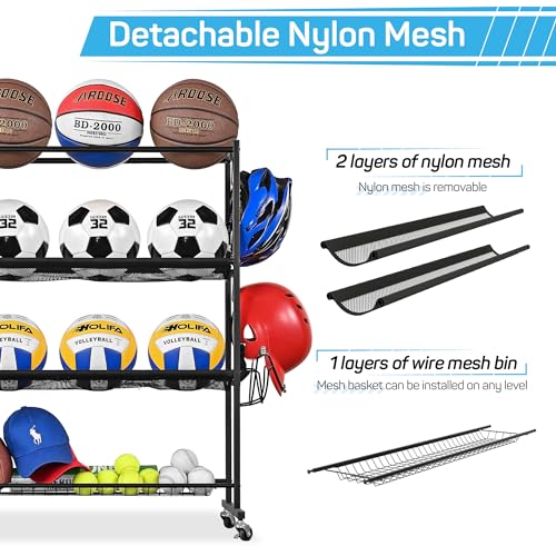 Mythinglogic Basketball Rack, Ball Storage with Baseball Bat Holder, Rolling Ball rack with Removable Nylon Mesh for Various Ball Sizes, Basketball Holder for Football Basketball Soccer Ball | Holds up to 12 sports balls with 2 removable nylon mesh shelve