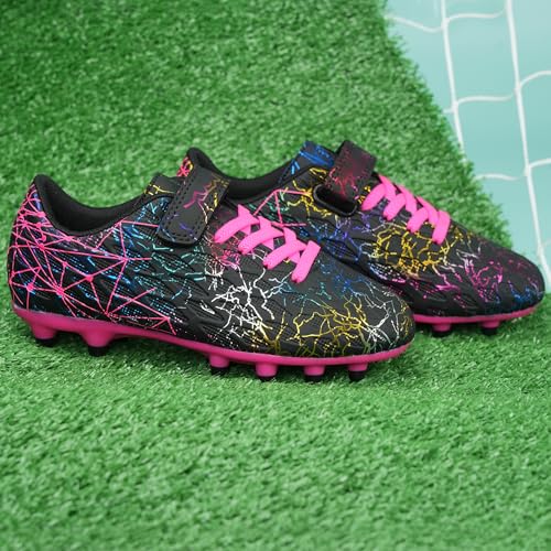 brooman Kids Firm Ground Soccer Cleats Girls Football Cleats with Shin Guards and Soccer Socks - color: Black Fuchsia, size: 9 Toddler