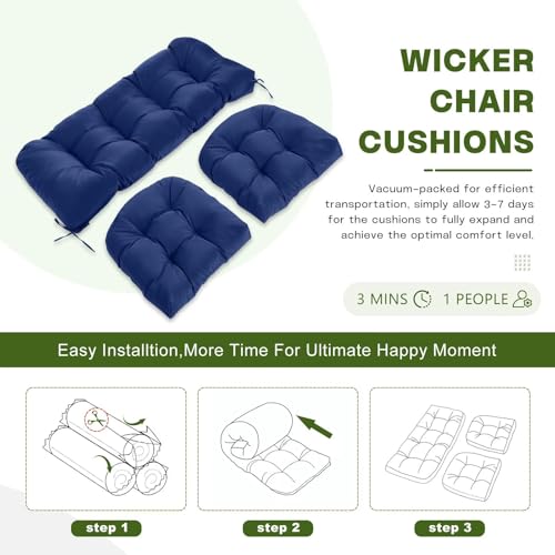 Wicker Chair Cushions Set, 2 U-Shaped Cushions & 1 Loveseat, Waterproof Outdoor Loveseat Cushion for Patio Furniture, Settee Bench Pad All Weather,Navy Blue - color: Navy Blue