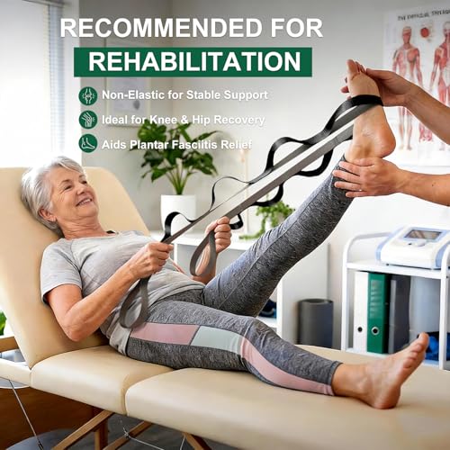 Acozycoo Stretching Strap with Loops,Non-Elastic Yoga Strap for Physical Therapy,Knee Replacement Recovery & Plantar Fasciitis,Leg Stretcher Band for Flexibility & Hamstring Rehab - color: Black
