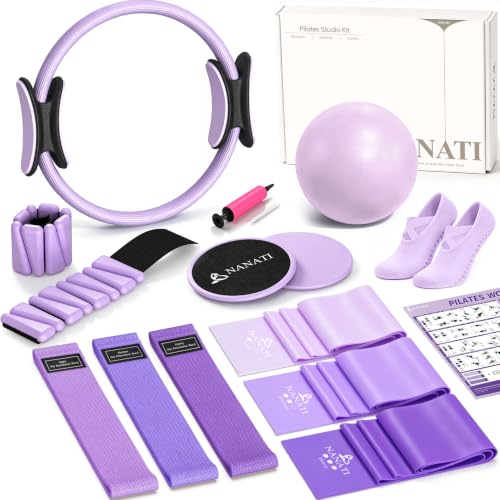 NANATI Pilates Kit, Home Pilates Workout Kit for Women, Pilates Equipment with 14.5" Pilates Ring and Ball, Resistance Bands, Ankle Weights, Sliders & Grip Socks for Home Workouts - color: Purple