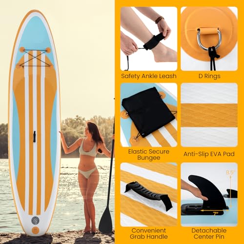 KOTEK 10FT/11FT Inflatable Paddle Board, SUP Paddleboard with Hand Pump, Safety Leash, Repair Kit, Carry Bag, Non-Slip EVA Deck, Stand Up Paddle Board for Youth & Adults - size: 11 FT, style: Orange Stripe