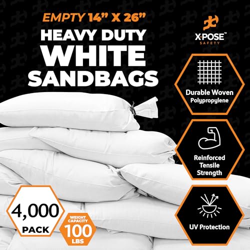Xpose Safety Heavy Duty Sand Bags with Tie Strings – Empty Woven Polypropylene Sandbags for Hurricane Flood Protection, 100 lb Capacity, 14" x 26", White, Bulk Half Pallet Pack of 4000 - color: White, size: 4000 Sandbags (Half Pallet)