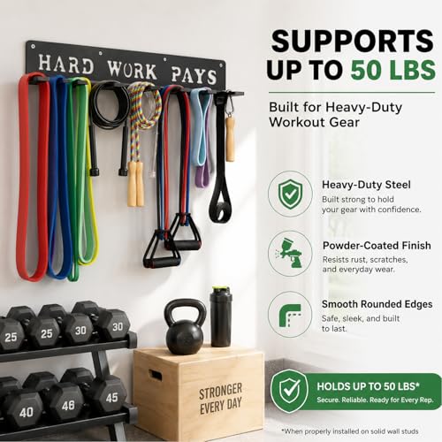 Home Gym Accessories Organization Storage Rack Equipment For Home 8 Hook Wall Hanger Display Gear Barbells Resistance Bands Jump Ropes Lifting Belt Hanger Accessories Hardware Included - color: Hard work pays