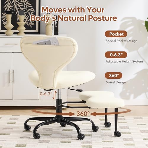 YFO Ergonomic Cross Legged Office Chair and ADHD Meditation Chair with Silent Wheels for Home Office Desk Chair and Yoga, Wider Backrest Support and Storage Pockets Design, PU Leather, Cream - color: Pu-cream