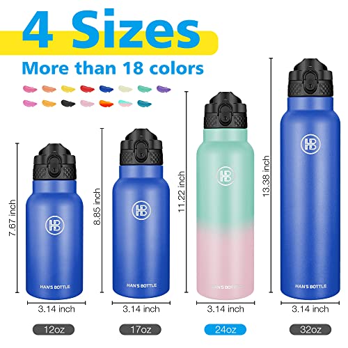 Han's Bottle Sports Water Bottle - 24 Oz, Straw Lid, Leak Proof, Vacuum Insulated Stainless Steel, Double Walled, Thermo Mug,Bubble Gum - color: Bubble Gum, size: 24 Ounces