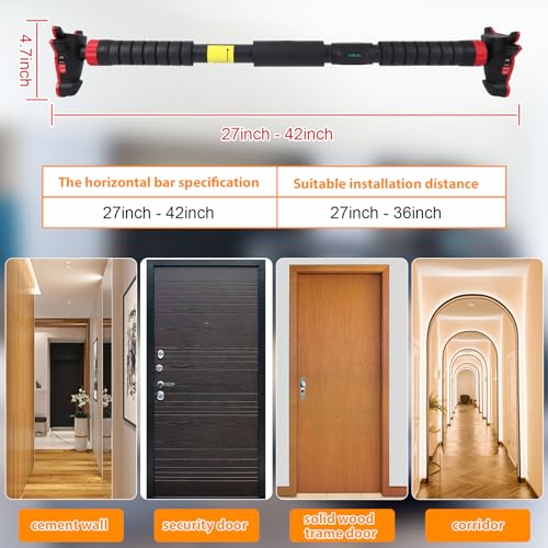 Garvee 27-42in Adjustable Pull Up Bar for Doorway Without Screws, Pull Up Bar with Level Meter and Auto Lock, Heavy Duty 440 LBS for Home Gym Strength Training and Upper Body Workout
