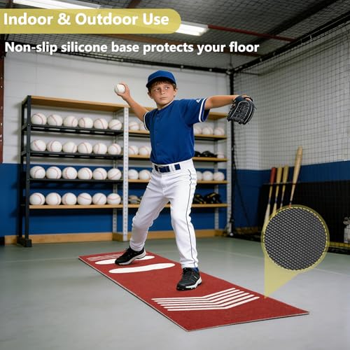 Softball Pitching Mat,Wear-Resistant Portable Training Mat for Batting Stance Practice,Indoor/Outdoor Practice Baseball Strike Zone Mat for Youth Beginners,54" L x 12" W - color: Red