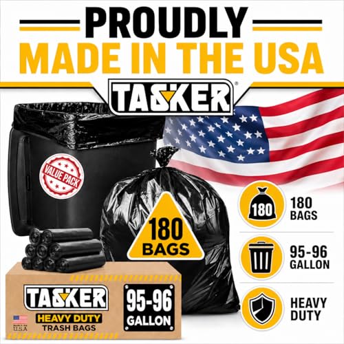 Tasker 95 Gallon Trash Bags Heavy Duty |180 Bags Bulk Pack| 95-96 Gallon, Extra Large XL Black Garbage Bags, Can Liners Fit 90-100 Gallon Cans, Outdoor Yard Waste, Commercial Industrial - size: 180 Count (Pack of 1)