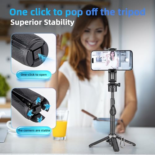 MQOUNY for Magsafe Tripod Stand for iPhone,Portable Pocket Size Selfie Stick with Rechargeable Remote and Metal Ring,Extendable Detachable Cell Phone Tripod Compatible with iPhone/Android - color: Black