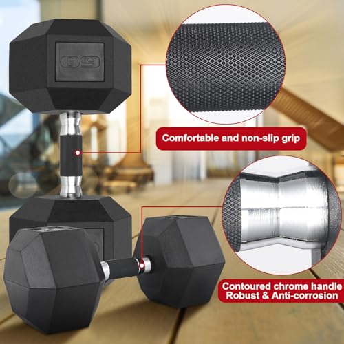 LIFERUN Rubber Grip Dumbbells Rubber Coated Cast Iron, with Anti-Slip Hex Black Dumbbell, Free Weights Dumbbell Set, 60lb/ 65lb/ 70lb/ 75lb dumbbell Single - style: 75lb