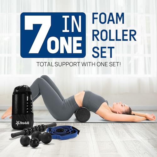 Yes4All Foam Muscle Roller Set, 7-in-1 High-Density Set of Back Roller, Fascia Massage Tool, Stretch Strap, Spiky, Peanut & Smooth Massage Balls, Carry Bag - Ideal for Muscle Care & Relaxation - color: Black - Set 7in1, size: 12-inch (Pack of 1)