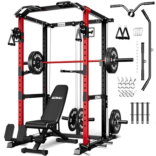 RH01 Power Cage Rack, 2000LBS Squat Rack with with Cable Crossover System&LAT Pull Down System, Multi-Function Workout Cage for Home&Garage Gym - color: Red-SE, size: RH01 Power Cage with 220LB Weights