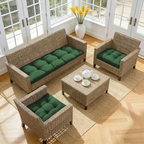 Wicker Chair Cushions of 3 Pieces, Waterproof Cushions for Patio Furniture, Tufted Wicker Outdoor Furniture Cushions, 1 Patio Loveseat Cushion and 2 U-Shaped Cushions, 44"x19"x5", Dark Green - color: Dark Green