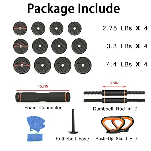 4 in 1 Adjustable Dumbbell Weight Set for Home Gym, 44 Lbs Free Weights Dumbbells Set with Connector Used as Barbell Kettlebells Push up Stand, Non-Slip Handle, for Men Women