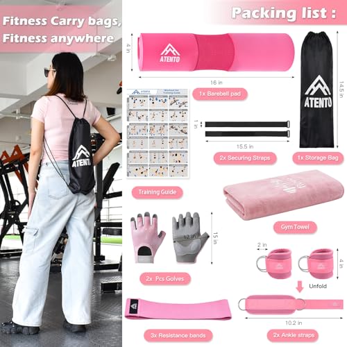ATENTO 10Pcs Barbell Pad Set with Weight Lifting Belt, Thick Cushion Hip Thrust Pad for Bench Press, Lunges, Workout, Leg Exercise, Squat Bar Pad for Relief Pressure from Neck & Shoulder for Smith machine & Olympic Bars, with 2 Gym Ankle Straps, Hip Resis