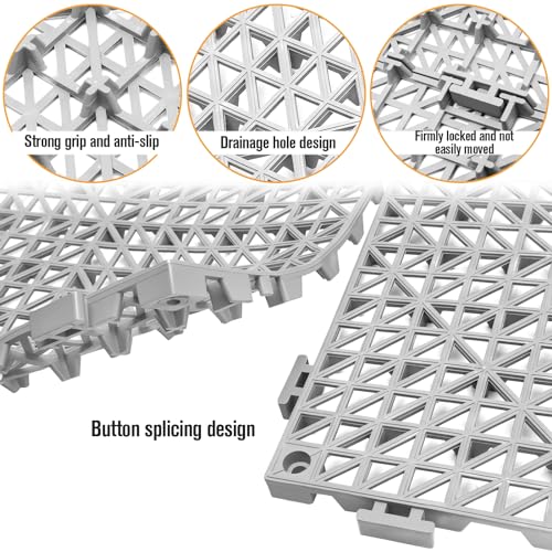 12 Pcs Drainage Mat Modular Interlocking Cushion 11.8" x 11.8" Garage Floor Tiles Non-Slip Splicing Rubber Floor Tiles for Drain, Deck, Pool, Outdoor/Indoor (Grey) - size: 11.8"x11.8"Grey