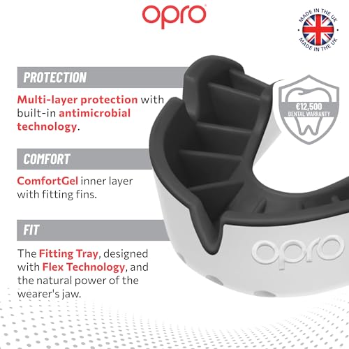 OPRO Silver Level Moldable Mouth Guard Essential Fit (White/Black) Adult & Kids Boxing Mouthguard for MMA & Impact Sports, Easy Self-Fit Mouth Guard for Sports, Football & Hockey - Includes Case - color: White/Black, size: Adult (Age 10+)