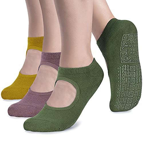 unenow Non Slip Grip Yoga Socks for Women with Cushion for Pilates, Barre, Home - color: 3 Pairs-yellow/Light Purple/Green
