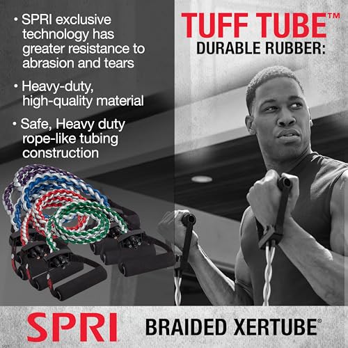 SPRI Braided Xertube Resistance Bands – Premium Exercise Band for Men & Women – Workout Equipment for Home Gym Fitness Training – Comfort Grip for Strength, Weights, and Resistance | Premium Braided Construction | Comfort Grip Handles | Home Gym Strength