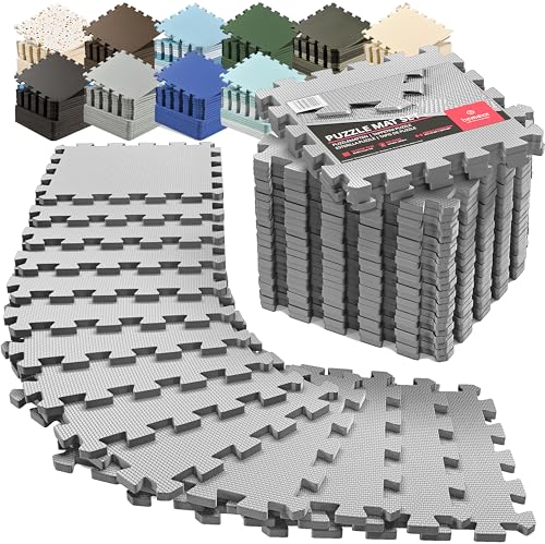 bemaxx Gym Mats Set - 18 pcs EVA Interlocking Foam Floor Tiles (12.6"x12.6"x0.4") 18sqft Protective Gym Flooring Sports Home Workout Exercise Mats Puzzle Garage Fitness Play-Room Pool Treadmill Bike - color: Grey, size: 18 Tiles | 18 sq ft
