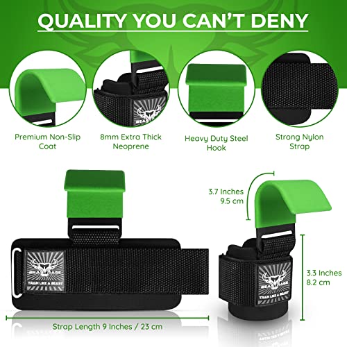 BEAST RAGE Weight Lifting Hooks (Pairs) for Men Anti Slip Durable Coated Grip Wrist Straps for Pull Ups Deadlift Strength Fitness Bodybuilding Women Hook Exercise - color: Green
