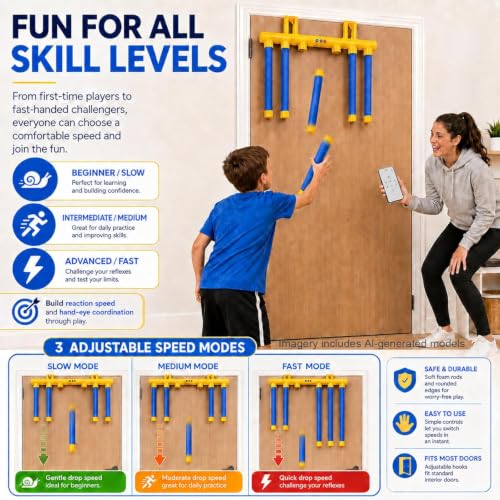 Shelprojsu Reflex Drop Sticks Challenge Game, 3 Adjustable Catching Falling Sticks Game, Hand Eye Coordination Training Game, Reaction Time Training Hand Speed Challenge Game - color: Blue-With Control