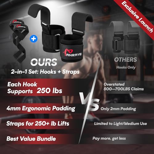 Weight Lifting Hooks & Wrist Straps Set – Lifting Hooks with Anti-Slip Grip, Adjustable Wrist Wraps for Weightlifting, Deadlifts, Powerlifting, Gym Straps for Men and Women