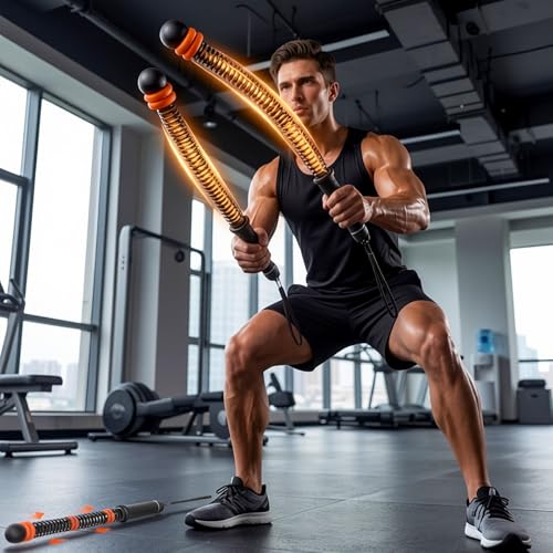 Weighted Ropeless Battle Ropes with Adjustable Spring Resistance, Quiet Cordless Battle Rope Sticks for Apartment Home Gym, Portable Workout Equipment with Weighted Handles for HIIT Cardio Training - color: Black
