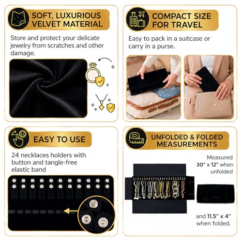 UnionPlus Velvet Travel Jewelry Roll Bag Organizer for Necklace, Elastic Band and Anti-winding, Large, Black - color: Black, size: Large