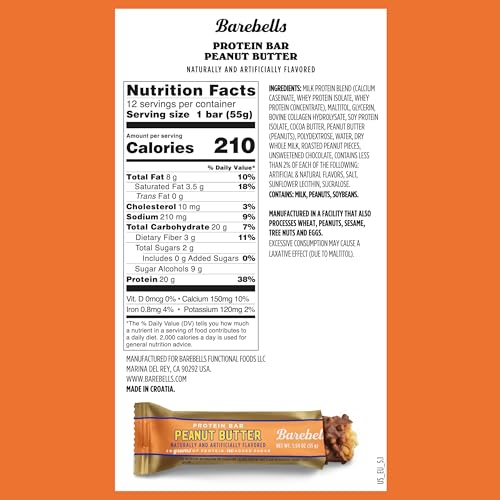 Barebells Protein Bars Peanut Butter - 12 Count, 20g High Protein Treats - Chocolate Nutrition Bar with 1g Total Sugars - On-The-Go Breakfast or Post-Workout Snack - size: 12 Count (Pack of 1)