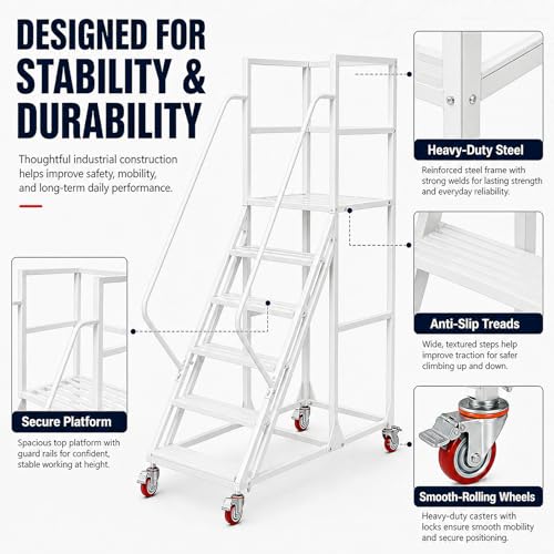 6 Step Rolling Ladder with Handrails, 1100 lbs Capacity Heavy Duty Mobile Warehouse Ladder with Wheels, Industrial Steel Non-Slip Rolling Stairs with Large Platform, for Garage Stockroom Library - color: White, size: 6 Step