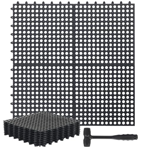 Drydiet 8 Pack Drainage Tiles Modular Interlocking Floor Tiles with 1 Pc Plastic Hammer 12" x 12" Cushion Mat Non Slip Rubber Floor mat with Holes for Pool Bathroom Deck Kitchen Patio (Black) - color: Black