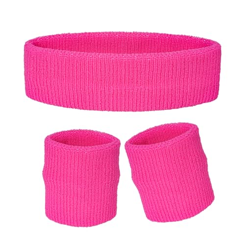 Sucrain 3 Pieces Sweatbands Set, 1 Pieces Sports Headband and 2 Pieces Wristbands,Wicking Sweat Head Band for Youth Womens Men - color: Pink