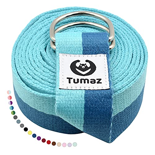Tumaz Yoga Strap for Stretching with Adjustable D-Ring, 6/8/10 ft | Adjustable D-Ring | Soft Cotton Blend | 15+ Colors | Non-Elastic Yoga Belt for Pilates Stretching & Physical Therapy - color: 03. Blue Match, size: 8 Feet (with Storage Band)