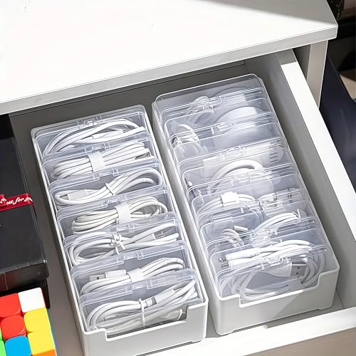 11 Grid Clear Cable Organizer Box with Switch for Desktop Cord Storage | Office desktop use, home wire sorting, stationery storage, detachable dividers, tidy cable arrangement - color: 11 BOX