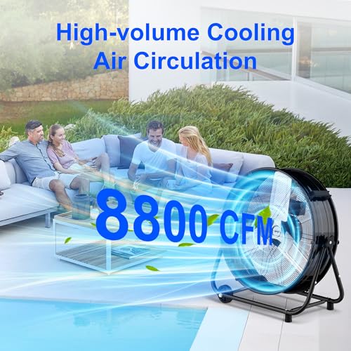 Uthfy 24 Inch High Velocity Floor Fan, 8800CFM Heavy Duty Industrial Drum Fan with 3 Speeds, 360° Tilt Metal Garage Fan with Wheels for Warehouse, Commercial, Workshop, Factory and Gym, Black