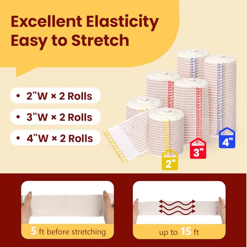 Elastic Bandage Latex Free Stretch Bandage (2x2",2x3",2x4",6 Pack) | Latex Free, Reusable & Machine Washable, Breathable Cotton Fabric, Individually Packed, Hook-and-Loop Fasteners on Both Ends - size: 6 Pack