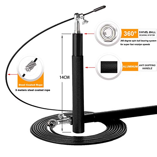 Speed Jump Rope - 360° Swivel Ball Bearing - Adjustable steel coated rope-Aluminum Anti Skipping Handle -Fitness Training Boxing Sports Exercises -Suitable for Kids and Adults - color: Black