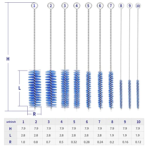 CiaraQ Bottle Cleaning Brushes, 8 Inch Nylon Tube Brush Set | Navy Blue Cleaner for Narrow Neck Bottles Cups with Hook, Set of 10pcs. - color: Navy Blue, size: 8.0 Inch (10pcs)