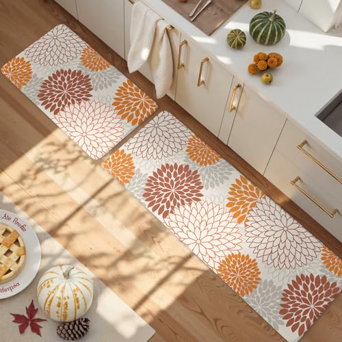 KIMODE Kitchen Mats for Floor Anti Fatigue, 17"x47"+17"x29" Dahlia Floral Kitchen Floor Mats,Farmhouse Kitchen Rugs Non Slip Cushioned, Comfort Standing Desk Mat for Sink, Laundry, Desk Orange - color: Orange, size: 17.3" x 47 "+ 17.3" x 29 "--0.47 inches