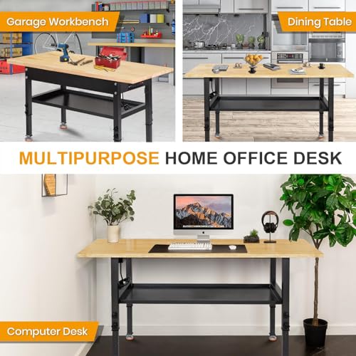 48"/60'' Adjustable Workbench, Rubber Wood Top Work Bench | Heavy-Duty Work Table w/ Power Outlet, Partition ,2000 LBS Load Capacity Work Benches for Garage, Workshop - size: with socket and partition, 48