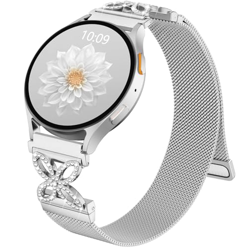 Getino Magnetic Metal Band Compatible with Galaxy Watch 7 Band 6 5 4 FE Active 2 40mm 44mm/Galaxy Watch 5 pro 45mm/Classic, 20mm Floral Dressy Strap for Samsung Watch Bands Women Milanese Mesh Loop - color: Bling Silver