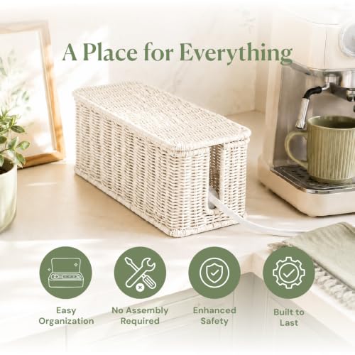 Cable Management Box, Handmade Rattan Cable Organizer with 2 Open Slots, Cord Hider for Power Strip, Router & USB Hub, Registered U.S. Design Patent (D1,112,102), 13" x 5.1" x 5.1", White - color: White, style: Rectangle